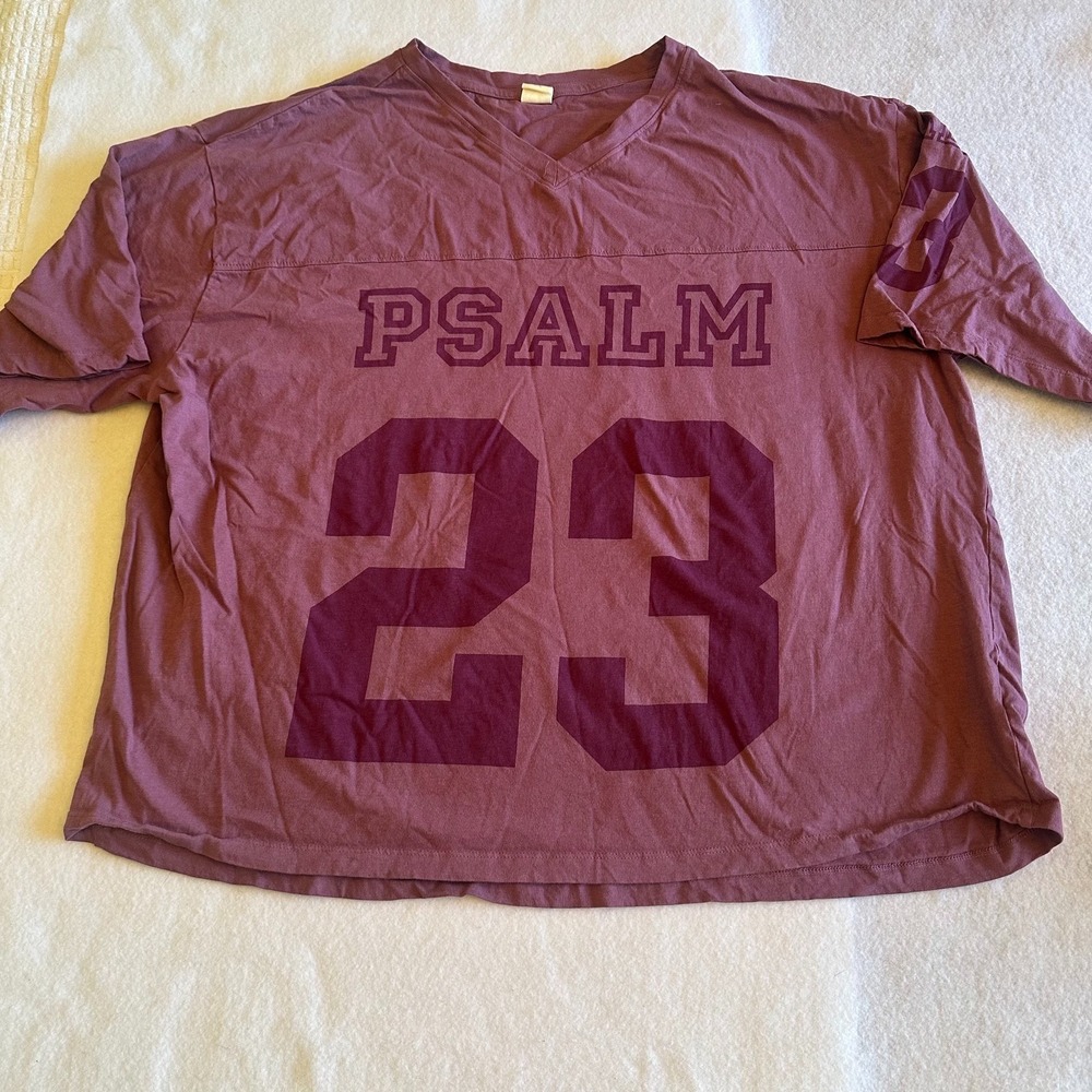 Viben Women 2X Purple Psalm 23 Jersey Graphic V Neck Shirt Tee Bible Faith Plus
